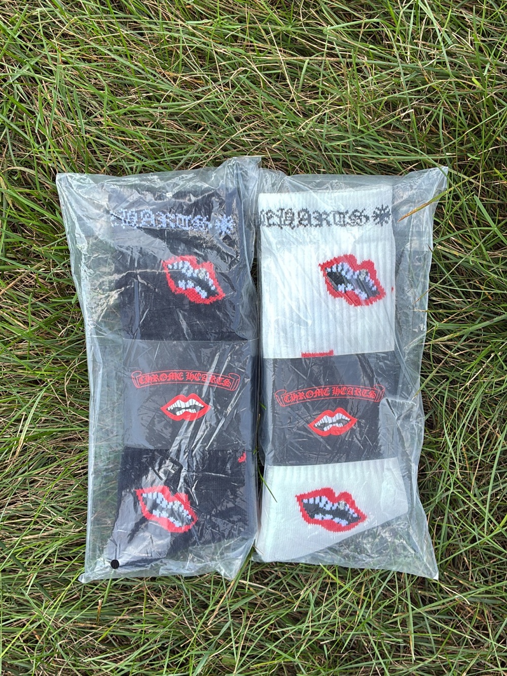 Chrome Hearts Black & White Crew Socks with Red Lip Logo (2-Pack)